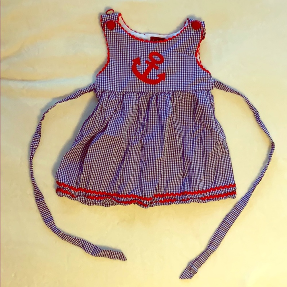 Blue checked dress with red anchor